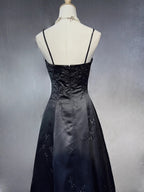 Black A-Line Satin With Lace Applique Prom Dresses Black Straps Long Prom Dresses
