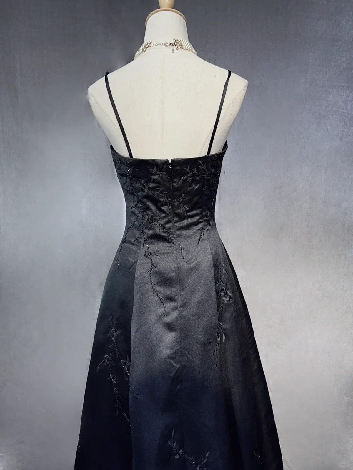 Black A-Line Satin With Lace Applique Prom Dresses Black Straps Long Prom Dresses
