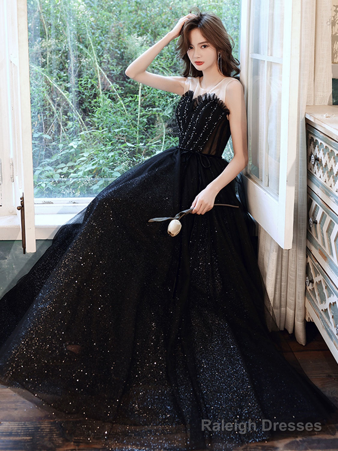 Black A Line Sequin Long Prom Dress, Black Evening Dress