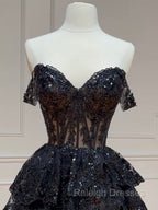 Black A-Line Sequin Tulle Short Prom Dress, Black Homecoming Dress