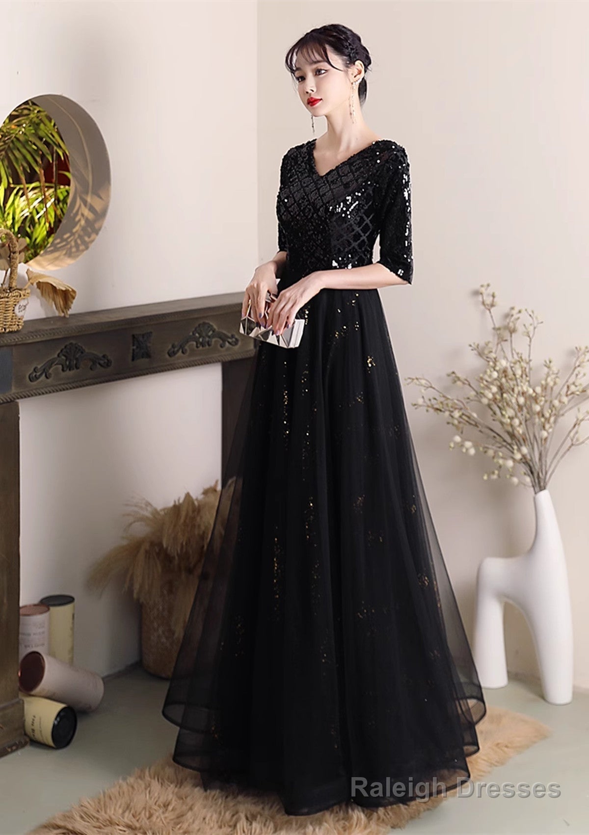 Black A-Line Sequins And Tulle Long Formal Dress, Black Wedding Party Dress Secondary image