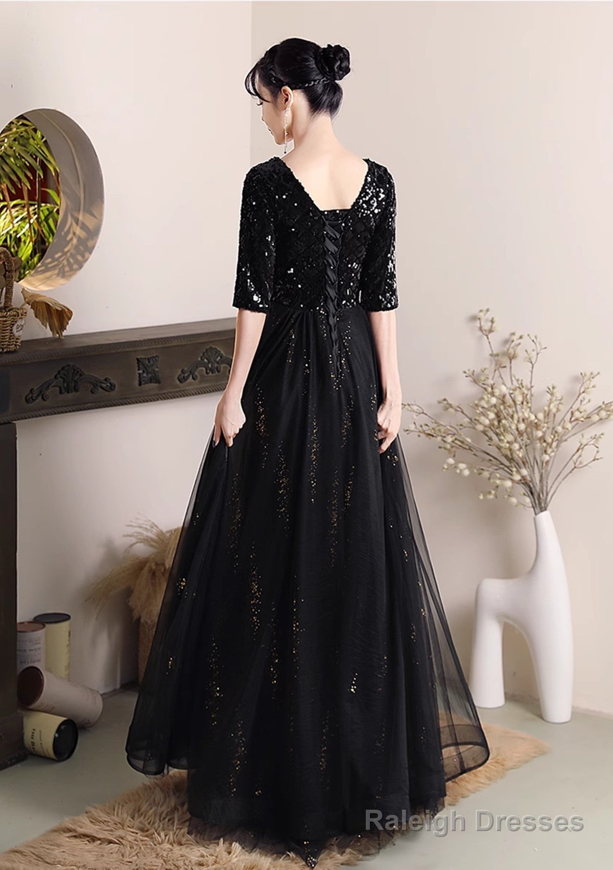 Black A-Line Sequins And Tulle Long Formal Dress, Black Wedding Party Dress