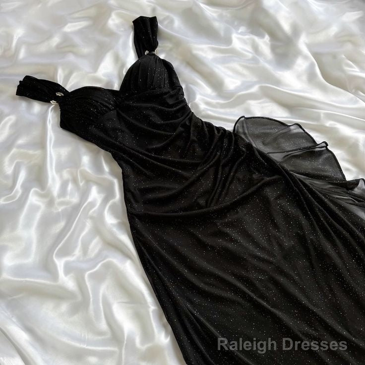 Black A Line Shiny Long Prom Dress Ruffled Evening Gown Main image