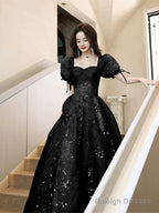 Black A-Line Short Sleeves Lace Floor Length Prom Dresses Black Sweetheart Prom Dresses
