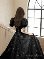 Black A-Line Short Sleeves Lace Floor Length Prom Dresses Black Sweetheart Prom Dresses