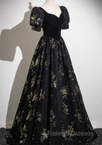 Black A Line Short Sleeves Sweetheart Floral Long Prom Dress, Black Prom Dress