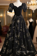 Black A-line Short Sleeves Sweetheart Floral Long PartY Dress, Black Prom Dress