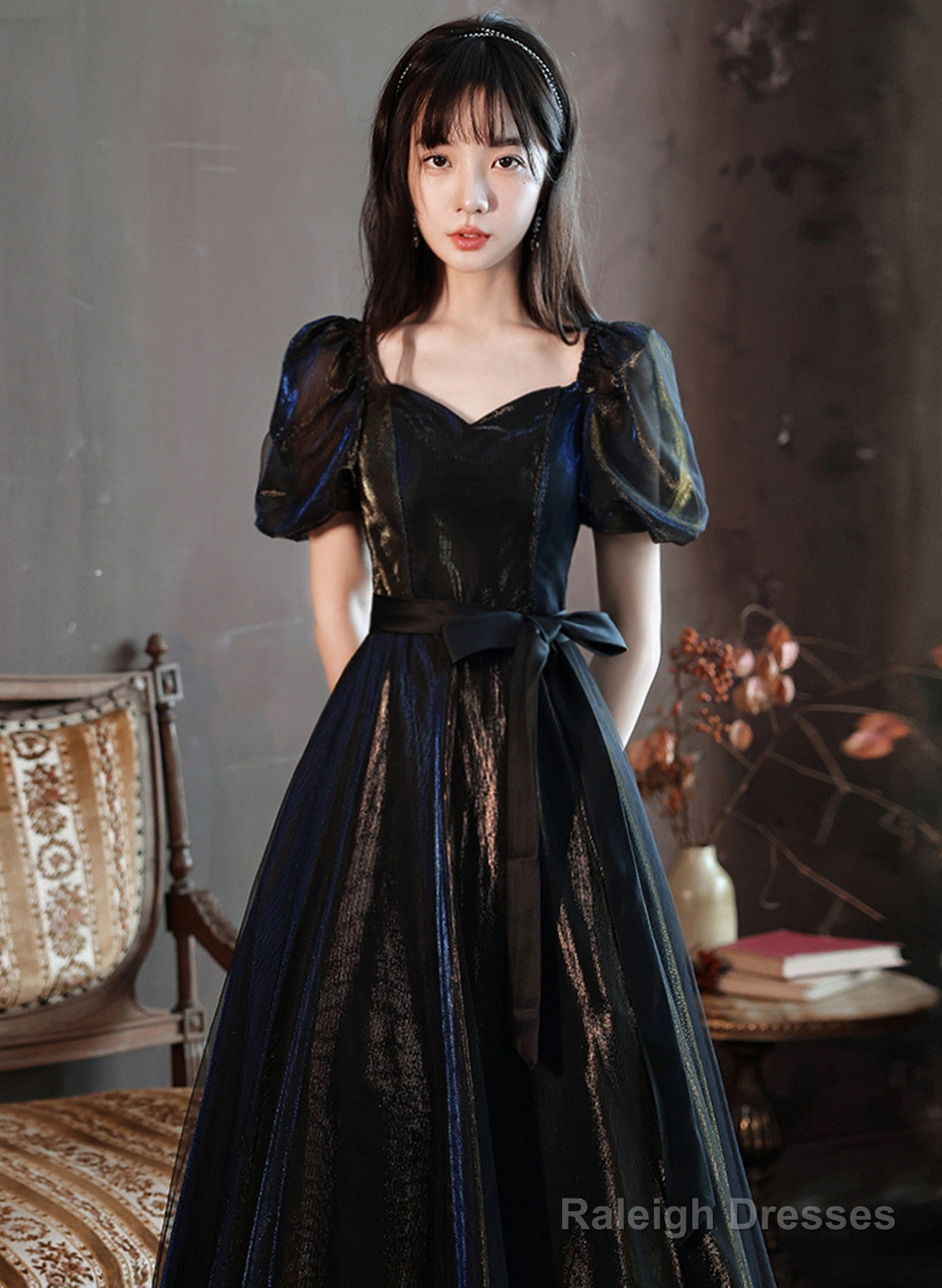 Black A-Line Short Sleeves Tulle Long Prom Dresses Black Prom Dresseses