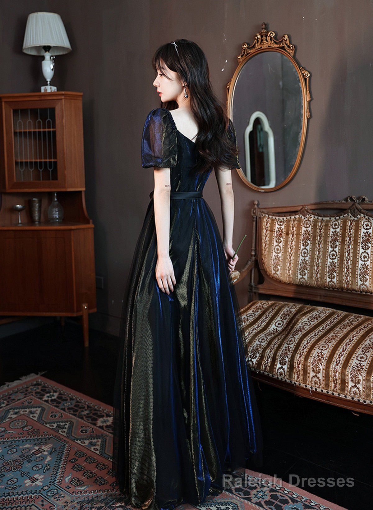 Black A-Line Short Sleeves Tulle Long Formal Dress, Black Evening Dress Prom Dress