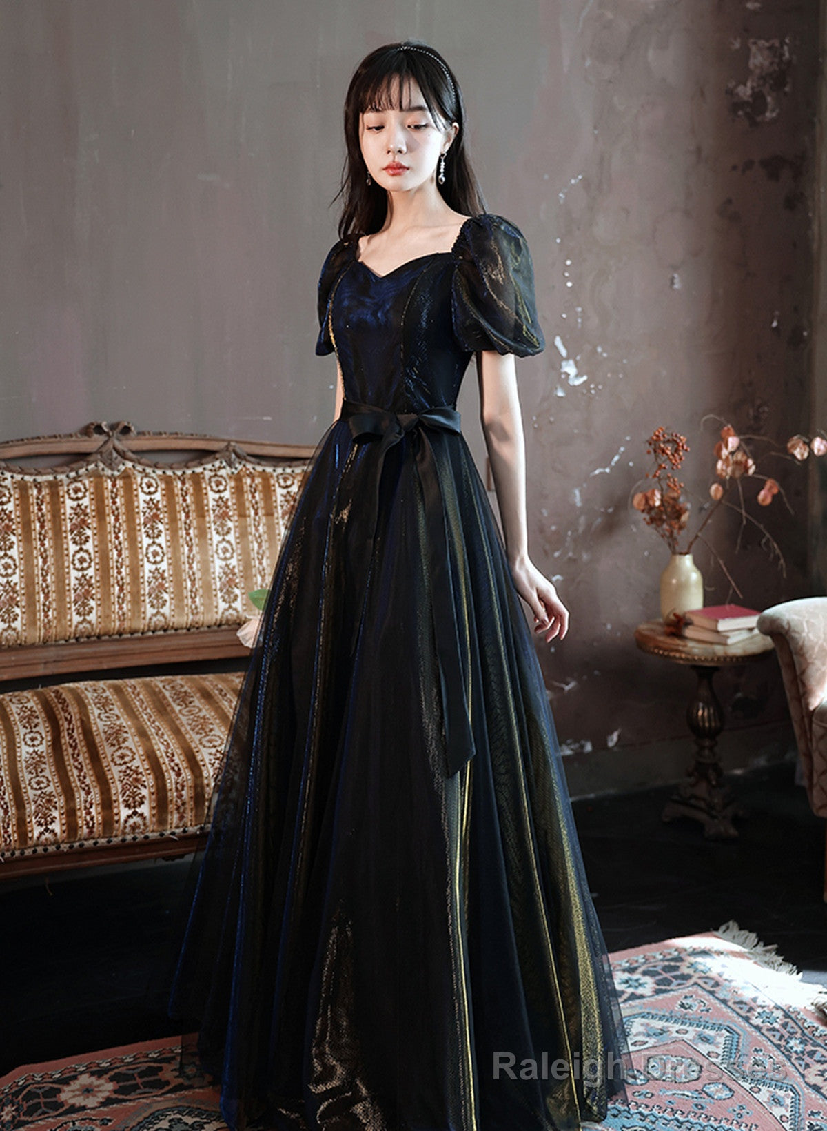 Black A-Line Short Sleeves Tulle Long Formal Dress, Black Evening Dress Prom Dress Main image