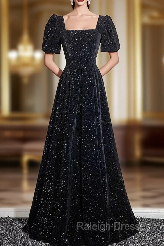 Black A-line Short Sleeves Velvet Simple Party Dress, Black Evening Dress Prom Dress Main image