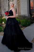 Black A Line Spaghetti Straps Long Prom Dress