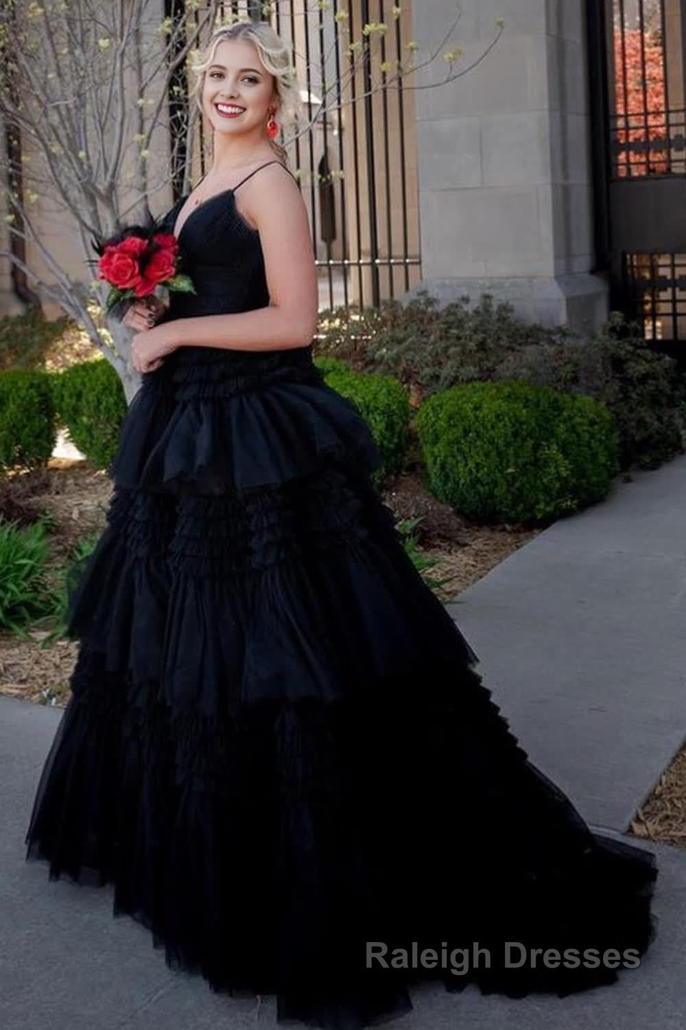 Black A Line Spaghetti Straps Long Prom Dress