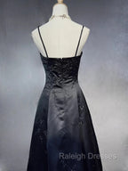 Black A-Line Straps Beaded Floor Length Party Dress, Black Satin Long Prom Dress