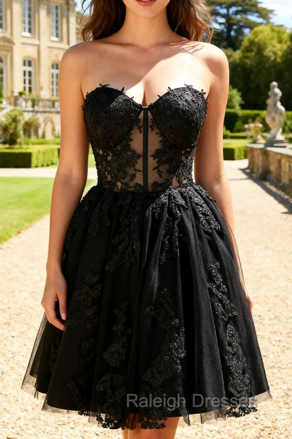 Black A Line Sweetheart Appliqued Sheer Corset Short Homecoming Dress