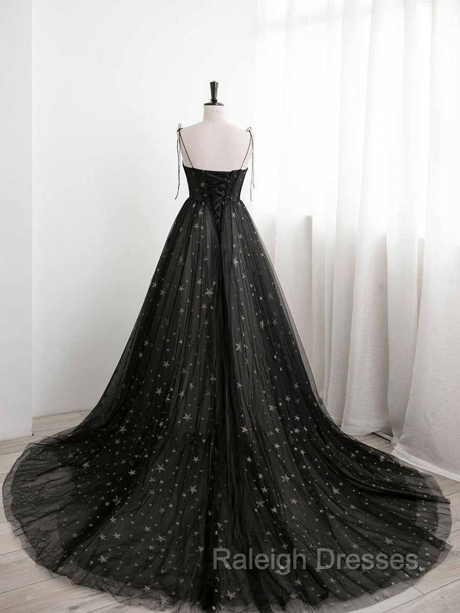 Black A line Sweetheart Neck Tulle Long Prom Dresses, Black Formal Graduation Dresses