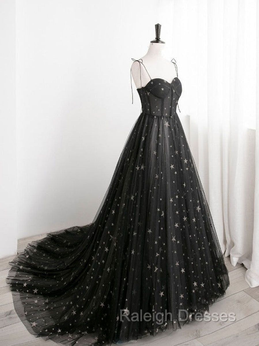 Black A line Sweetheart Neck Tulle Long Prom Dresses, Black Formal Graduation Dresses Main image