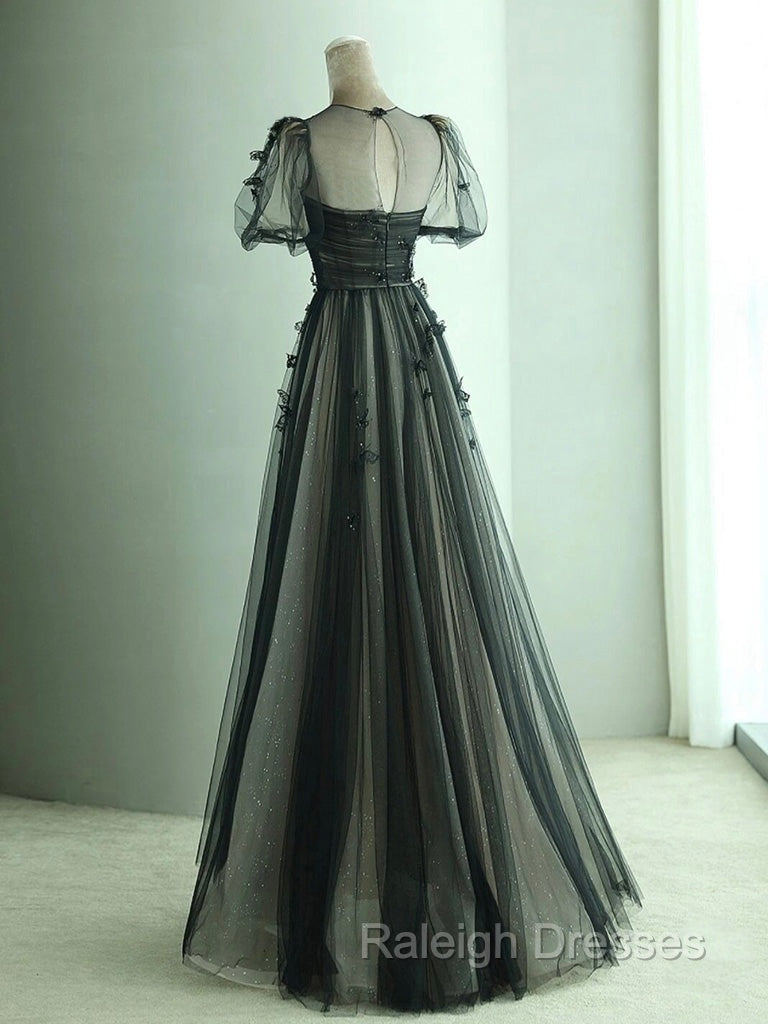 Black A-Line Tulle Butterfly Long Prom Dress, Black Long Evening Dress Secondary image