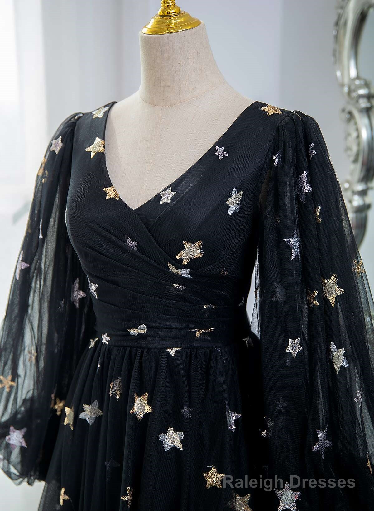 Black A-Line Tulle Evening Dress Party Dress, Black Long Sleeves Prom Dress