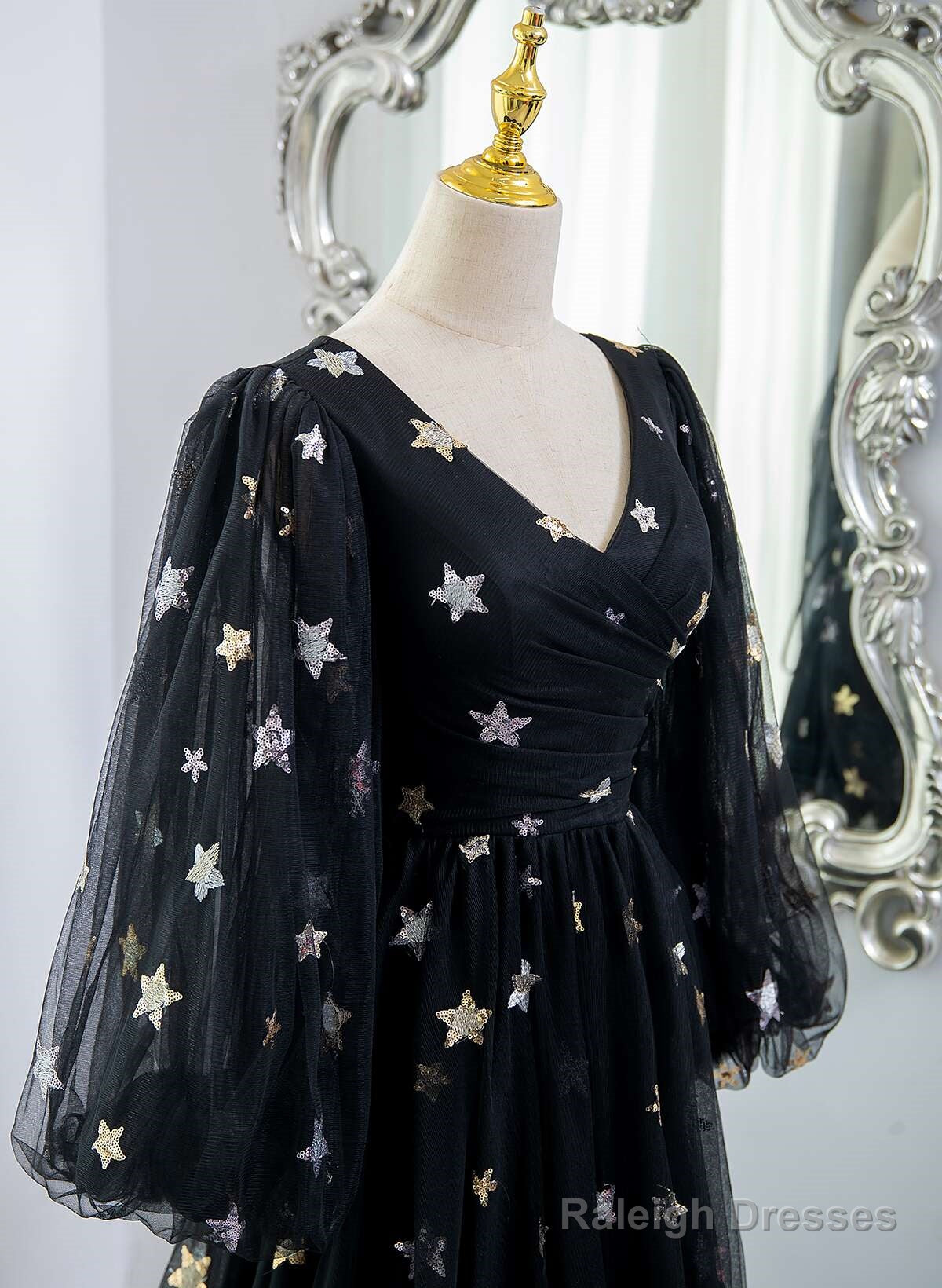 Black A-Line Tulle Evening Dress Party Dress, Black Long Sleeves Prom Dress