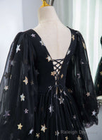 Black A-Line Tulle Evening Dress Party Dress, Black Long Sleeves Prom Dress