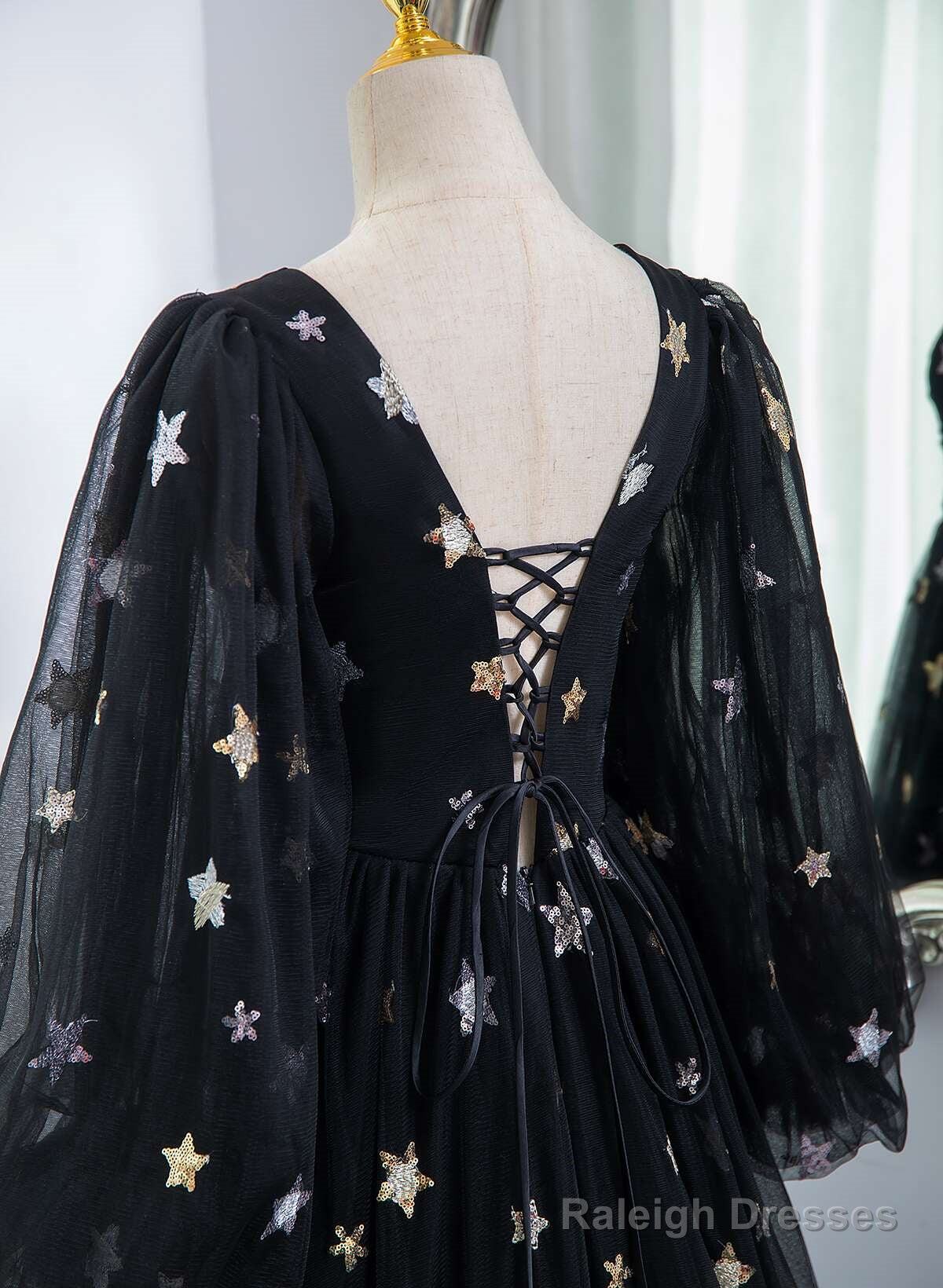 Black A-Line Tulle Evening Dress Party Dress, Black Long Sleeves Prom Dress