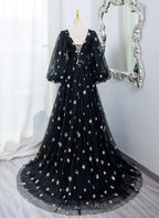 Black A-Line Tulle Evening Dress Party Dress, Black Long Sleeves Prom Dress