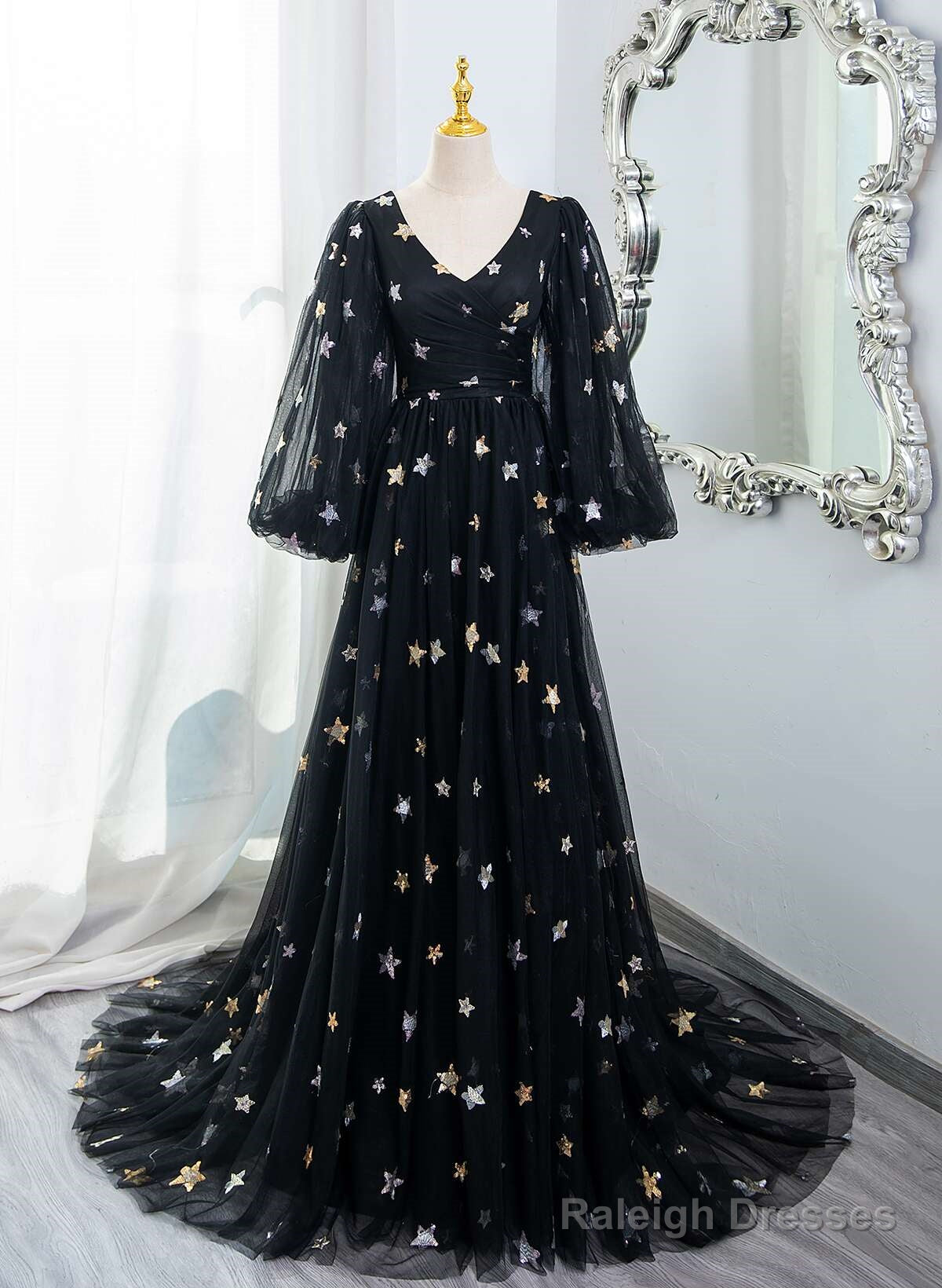 Black A-Line Tulle Evening Dress Party Dress, Black Long Sleeves Prom Dress Main image
