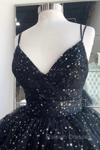 Black A Line Tulle High Low Prom Dress, V Neck Prom Prom Dress