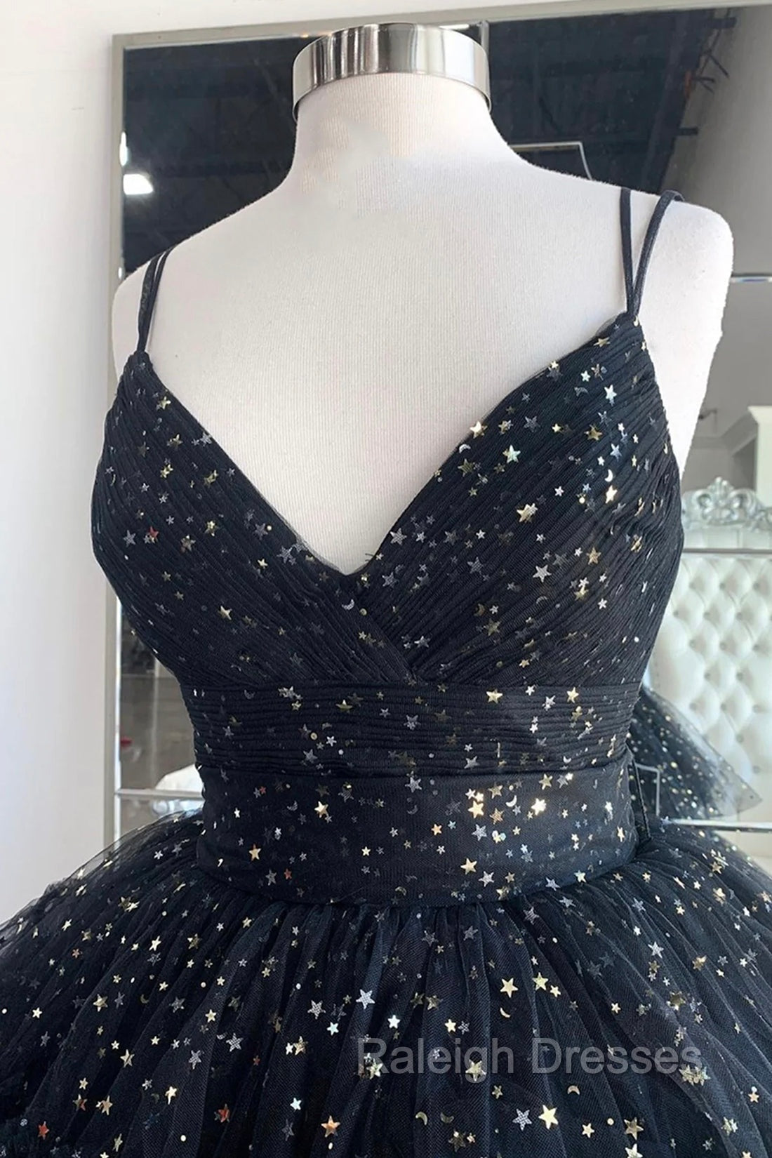 Black A Line Tulle High Low Prom Dress, V Neck Prom Prom Dress