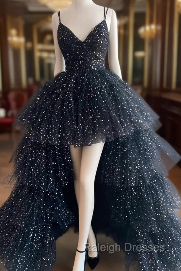 Black A-Line Tulle High Low Prom Dress, V-Neck Evening Party Dress Main image