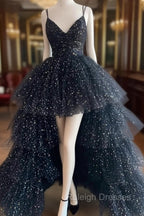 Black A-Line Tulle High Low Prom Dress, V-Neck Evening Party Dress