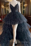 Black A-Line Tulle High Low Prom Dress, V-Neck Evening Party Dress