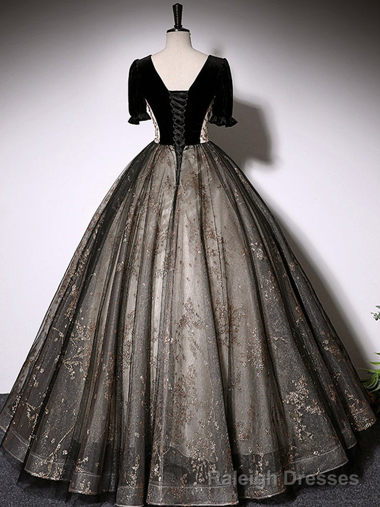 Black A Line Tulle Lace Long Prom Dress, Black Lace Formal Dress Main image
