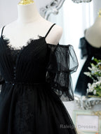 Black A-Line Tulle Lace Short Prom Dresses Black Homecoming Dress
