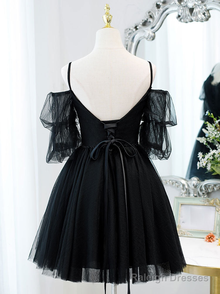 Black A-Line Tulle Lace Short Prom Dresses Black Homecoming Dress