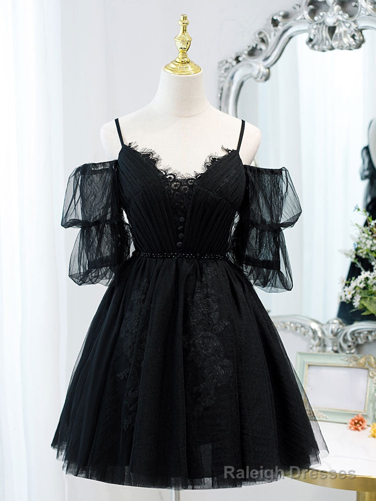 Black A-Line Tulle Lace Short Prom Dresses Black Homecoming Dress