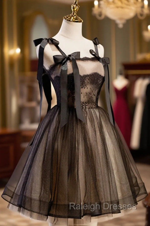 Black A-Line Tulle Lace Short Prom Dress, Black Lace Homecoming Dresses Secondary image