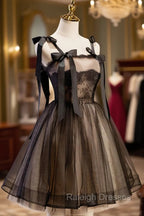 Black A-Line Tulle Lace Short Prom Dress, Black Lace Homecoming Dresses