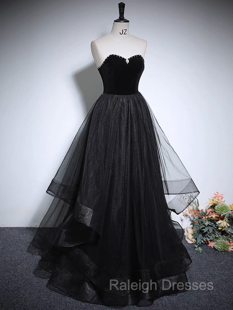 Black A Line Tulle Long Prom Dress, Black Long Prom Dress