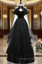 Black A Line Tulle Long Prom Dress, Black Long Prom Dress