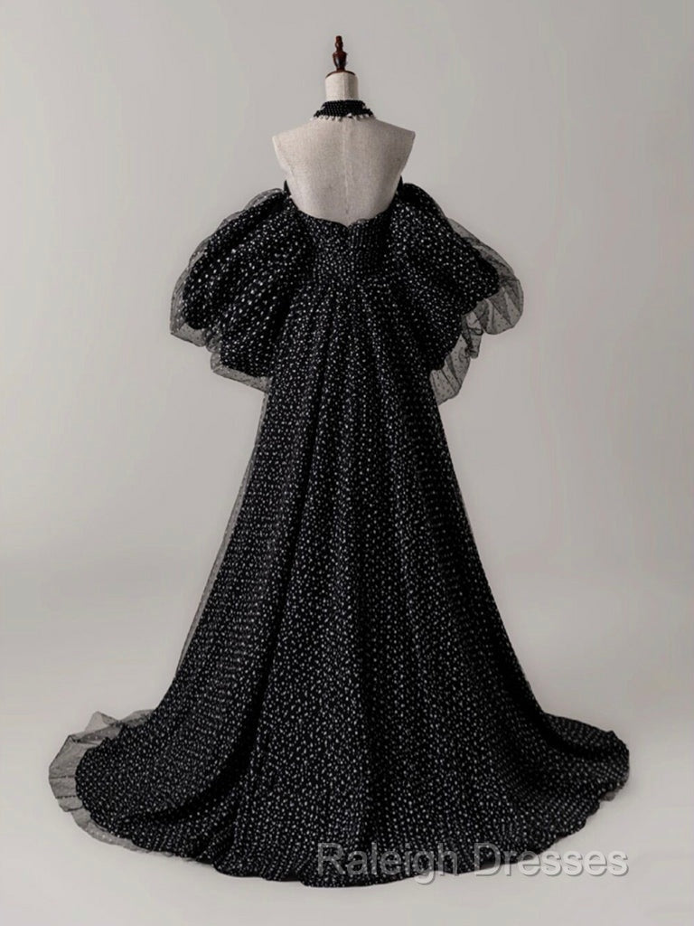 Black A- Line Tulle Long Prom Dress, Black Long Formal Dress Secondary image