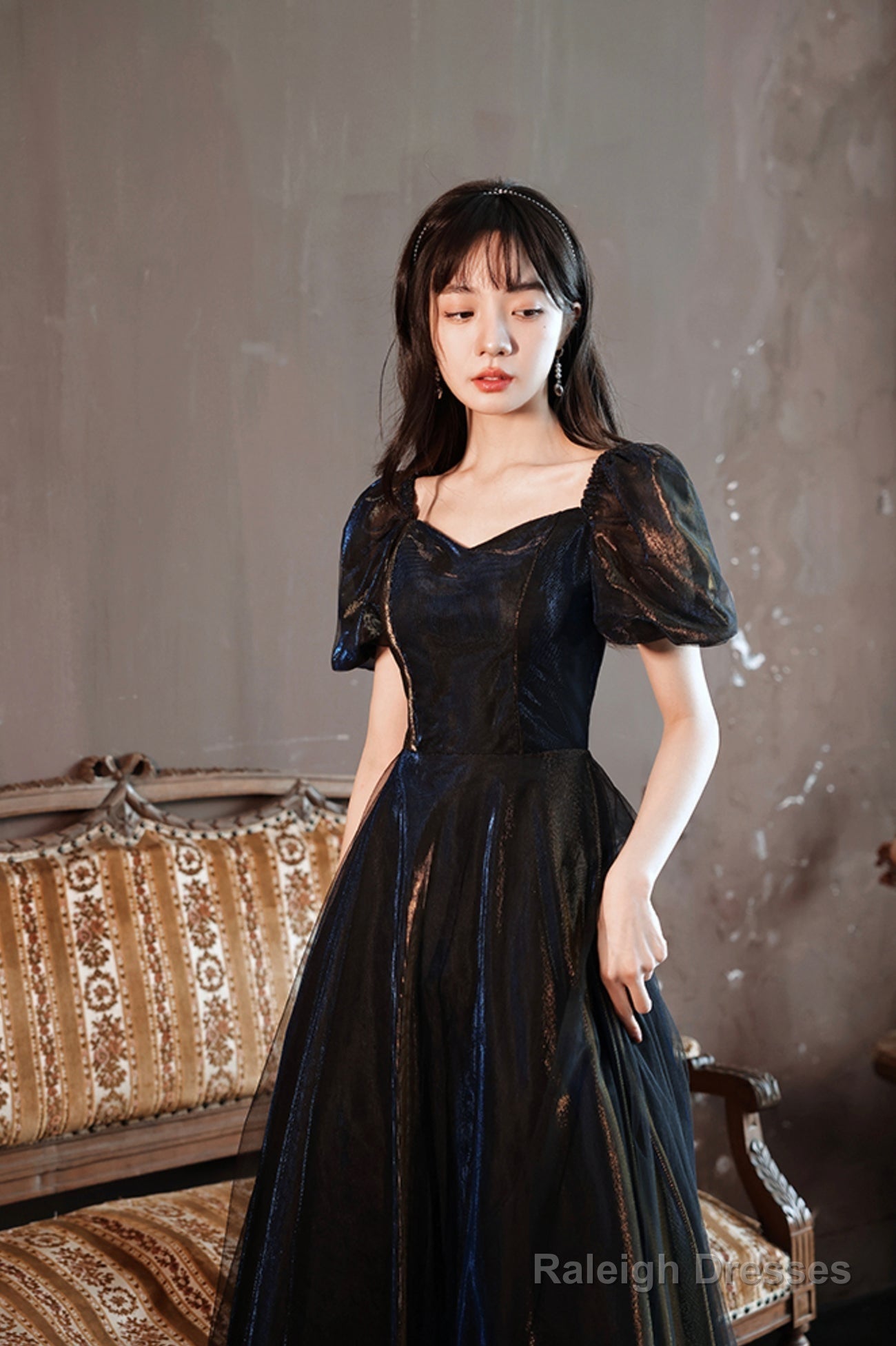 Black A-Line Tulle Long Prom Dress, Black Short Sleeve Evening Dress Secondary image