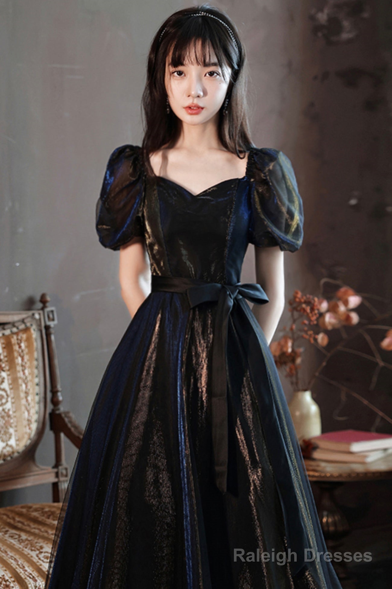 Black A-Line Tulle Long Prom Dress, Black Short Sleeve Evening Dress