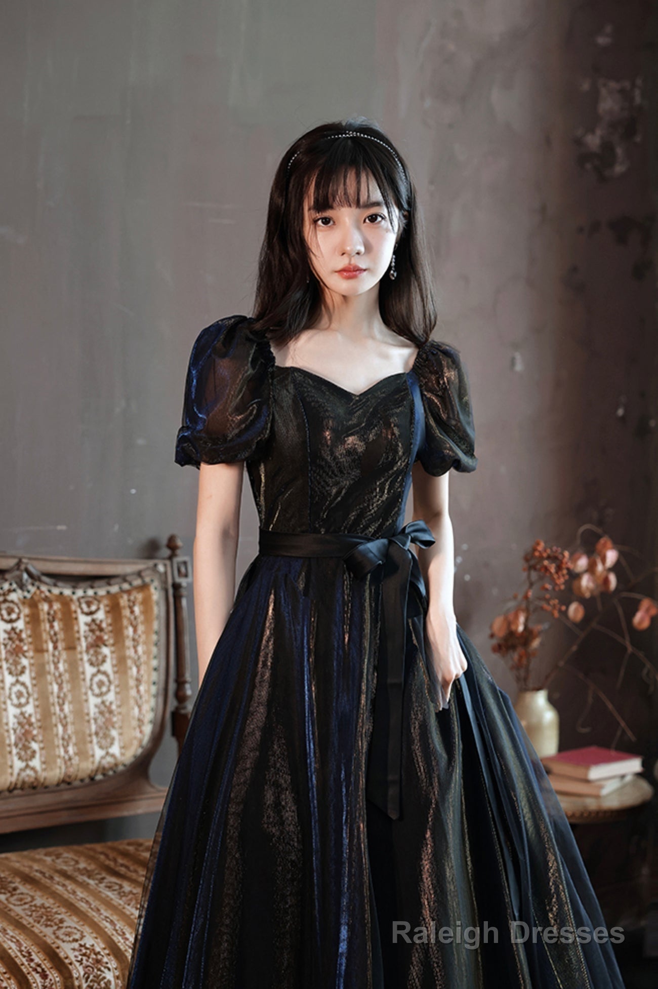 Black A-Line Tulle Long Prom Dresses Black Short Sleeve Prom Dresses