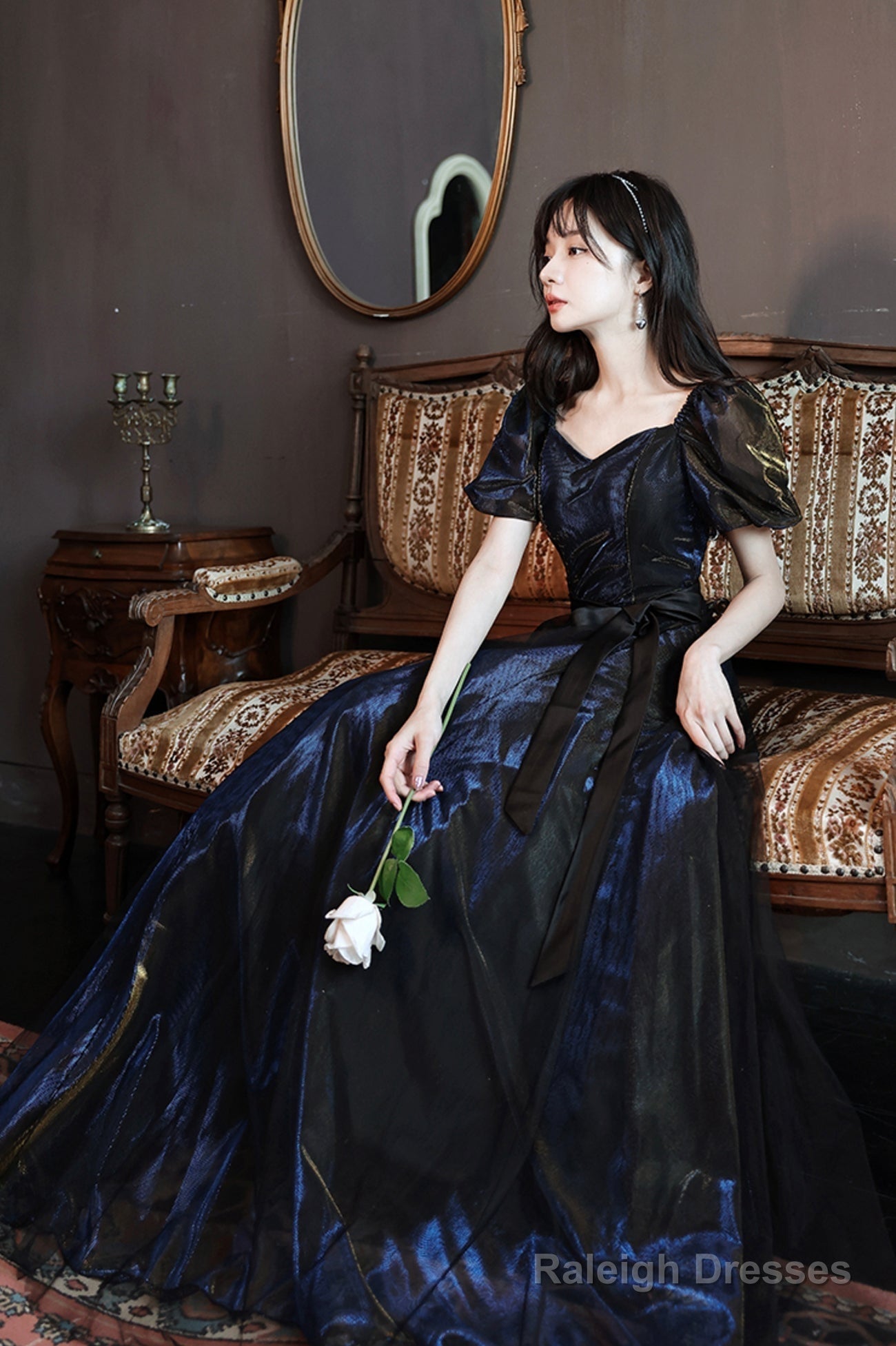 Black A-Line Tulle Long Prom Dress, Black Short Sleeve Evening Dress