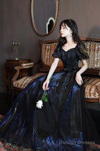Black A-Line Tulle Long Prom Dresses Black Short Sleeve Prom Dresses