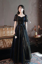 Black A-Line Tulle Long Prom Dress, Black Short Sleeve Evening Dress