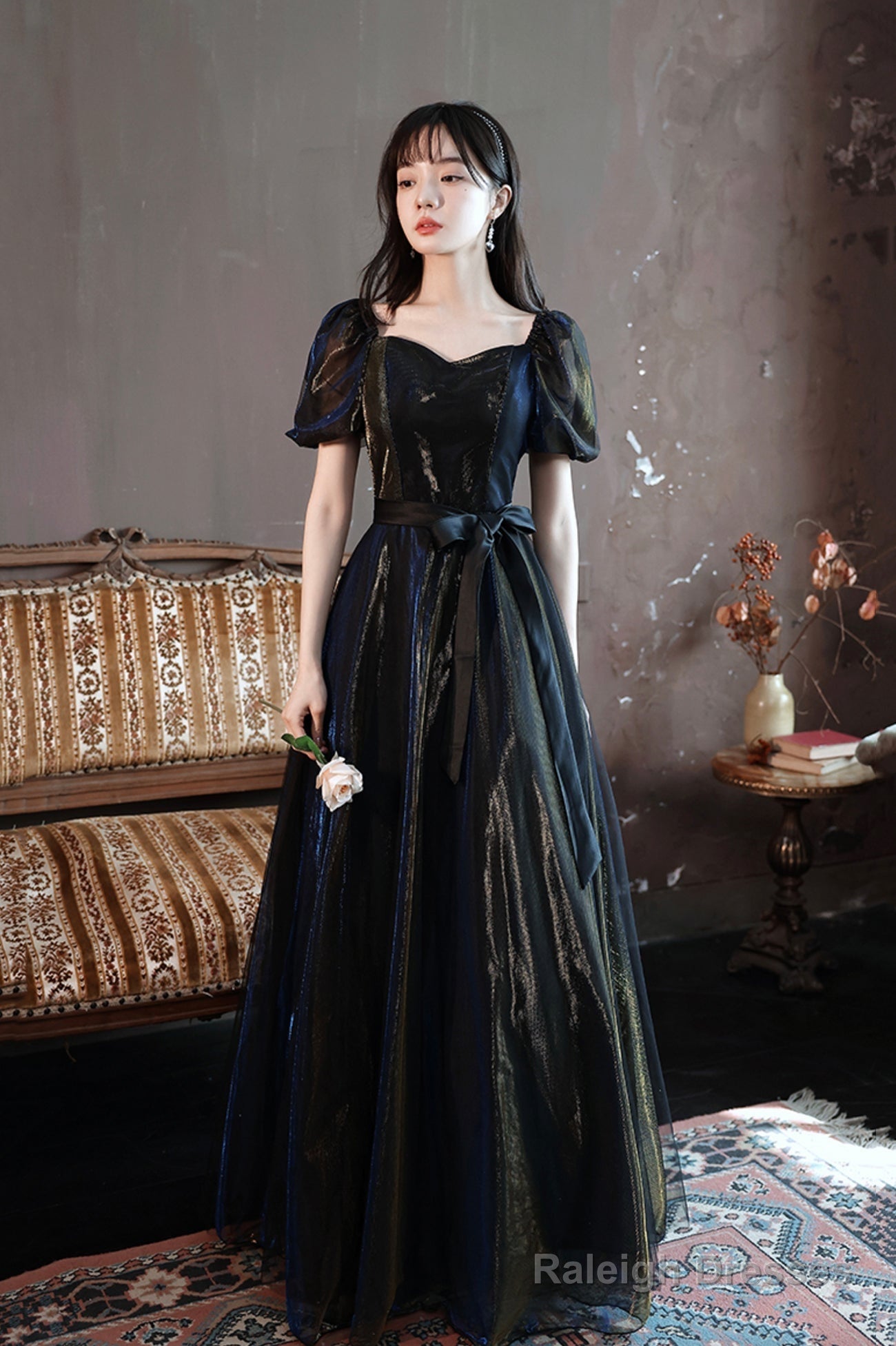 Black A-Line Tulle Long Prom Dress, Black Short Sleeve Evening Dress