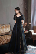 Black A-Line Tulle Long Prom Dresses Black Short Sleeve Prom Dresses